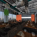 Modern Restaurant Interior With Wooden Tables Chairs Pendant Lights Orange Curtains And Green Plant