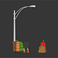 Urban Street Facilities With Street Lamp Colorful Trash Bins Traffic Cones And Bench