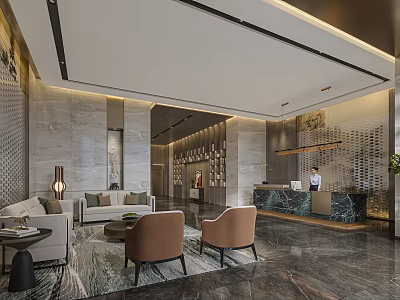 Luxurious Modern Hotel Lobby Interior Design With Comfortable Sofa And Marble Reception Desk 3d model
