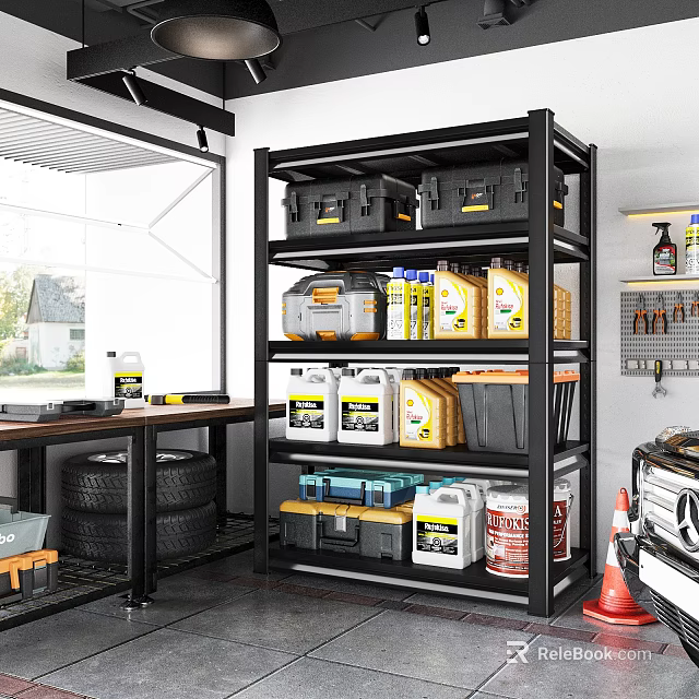 Organized Garage Space With Metal Shelving Units Storage Bins And Tool Supplies 3d model 