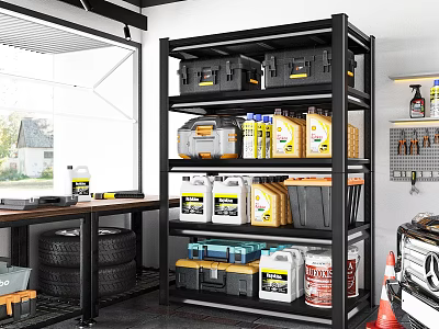 Organized Garage Space With Metal Shelving Units Storage Bins And Tool Supplies 3d model