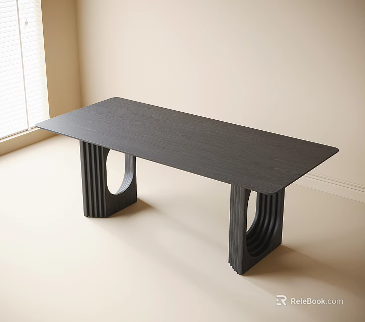 Black Long Dining Table with Distinctive Ring Design Legs in Light Colored Room Near Window 3d model 