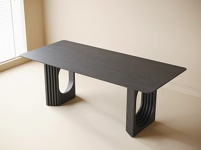 Black Long Dining Table with Distinctive Ring Design Legs in Light Colored Room Near Window 3d model