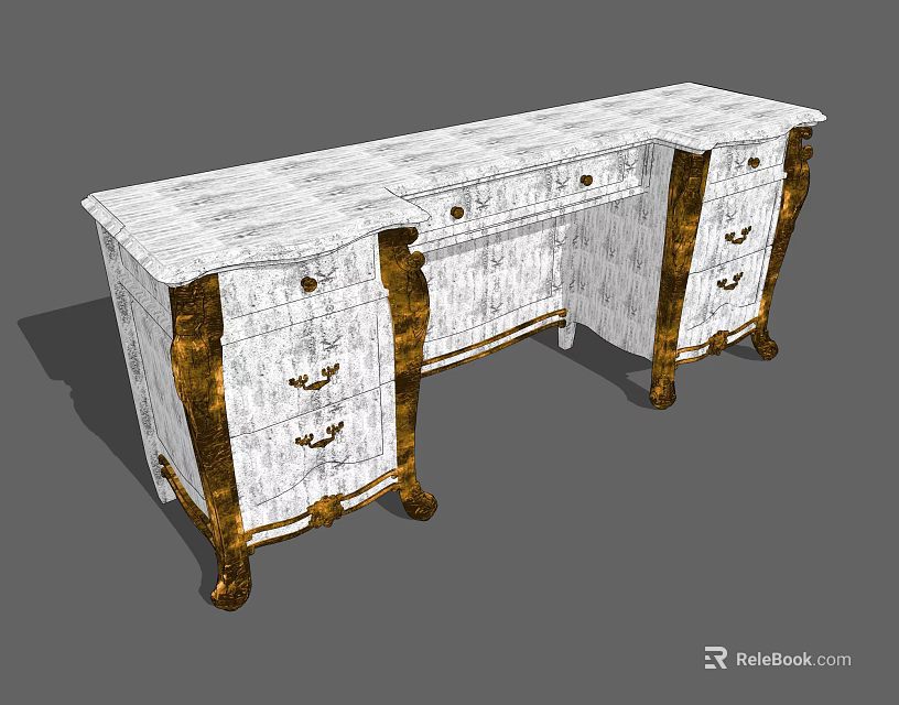 Elegant White Office Desk with Gold Accents and Multiple Drawers Classical Design 3d model 