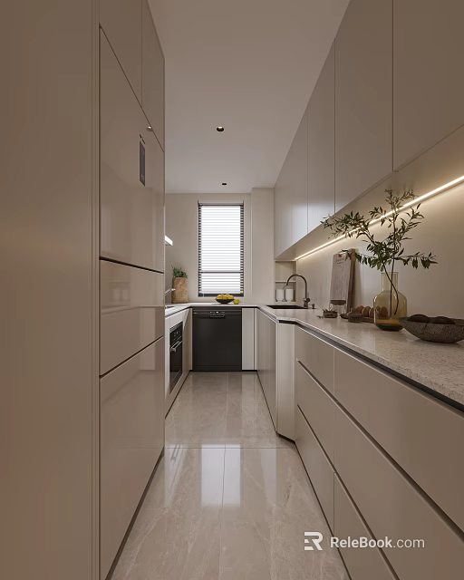 Modern Kitchen Interior With White Cabinets Stone Countertops Appliances Window And Greenery 3d model 