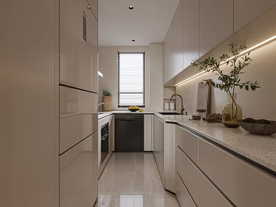 Modern Kitchen Interior With White Cabinets Stone Countertops Appliances Window And Greenery 3d model