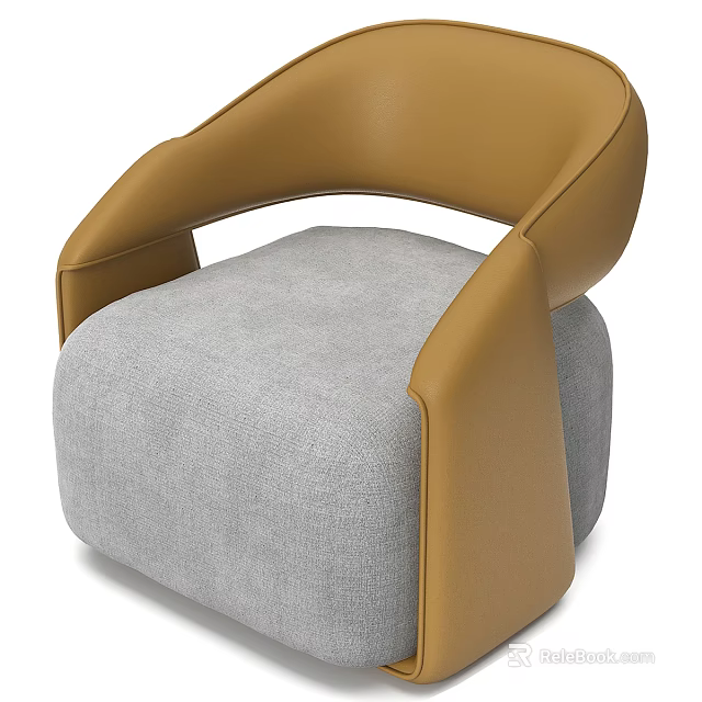 Modern Single Sofa With Gray Fabric Cushion And Brown Leather Armrest 3d model 