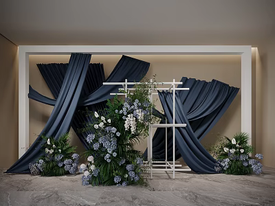 Elegant Floral Installation with Dark Blue Curtains White Frame Structure Purple White Flowers and Greenery 3d model