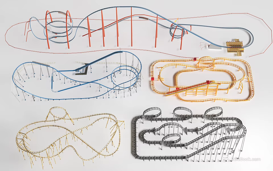 Colorful Amusement Ride Tracks With Multiple Curved Layouts And Connecting Parts 3d model 