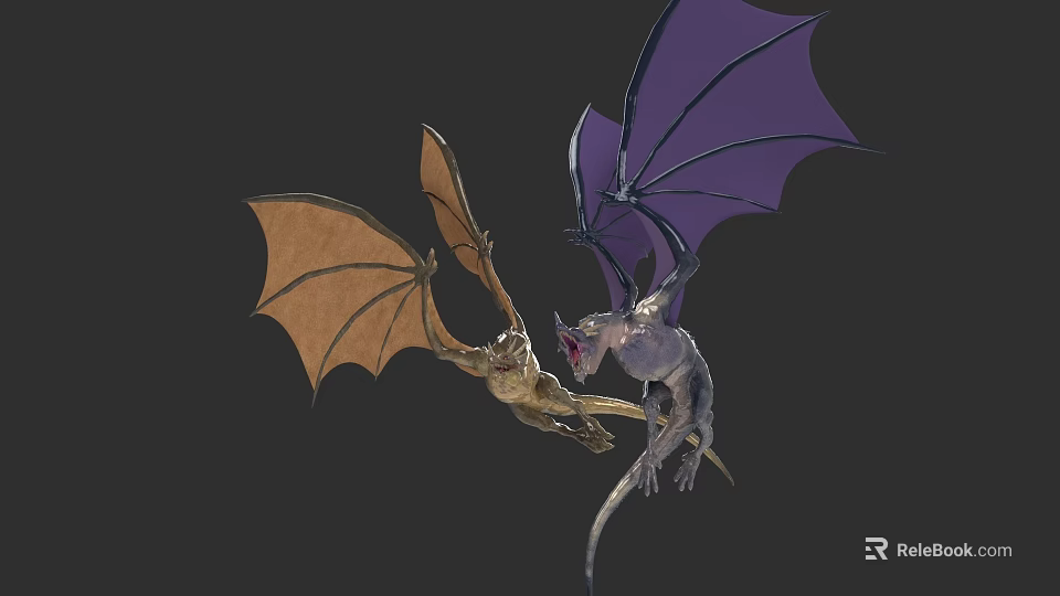 Two Reptiles With Brown And Purple Textured Wings Flying Dynamically 3d model 