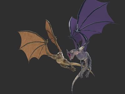 Two Reptiles With Brown And Purple Textured Wings Flying Dynamically 3d model