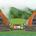 Unique Sail Shaped Buildings With Orange White Design In Green Mountain Grassland With Windmills