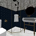 Hotel Bathroom With Dark Blue Brick Walls Marble Accents Modern Vanity And Hanging Mirror