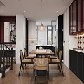 Modern Living Dining Room Interior With White Sofa Built-in Bookshelves Chandelier And Staircase