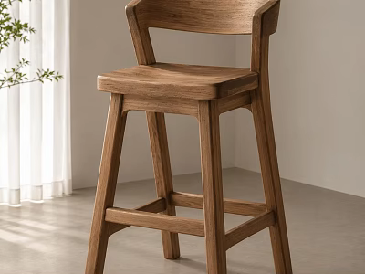 Wooden Bar Stool Simple Modern Design With Natural Light White Curtains And Plant 3d model