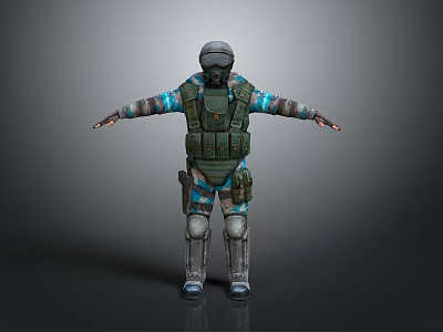 Tactical 3D Military Character With Armored Vest Helmet And Blue Arm Stripes Standing 3d model