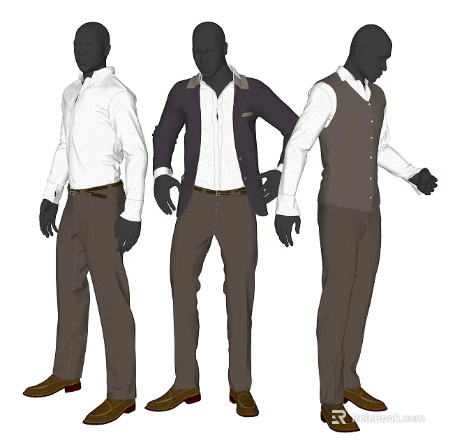 Male Models In White Shirts Dark Blazers Vests Trousers And Brown Shoes 3d model 