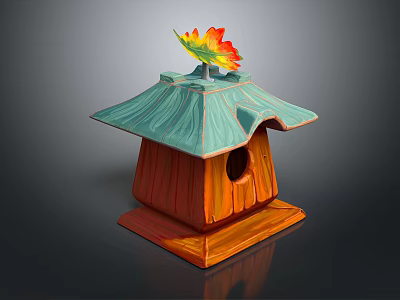 Wooden Birdhouse With Teal Wavy Roof And Colorful Leaf Decoration 3d model