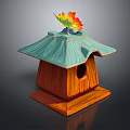 Wooden Birdhouse With Teal Wavy Roof And Colorful Leaf Decoration