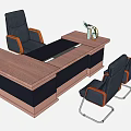Wooden Office Desk Setup With Ergonomic Chair Visitor Seats Decorative Vase And Small Green Plant