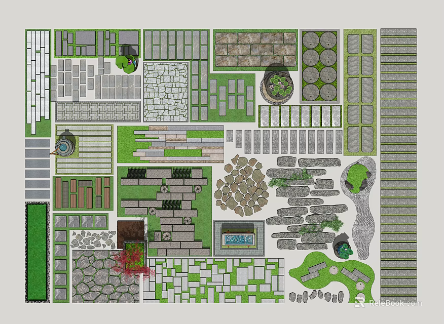 Stepping Stones Garden Landscape Design With Natural Stone Path And Various Patterns 3d model 