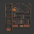 Traditional Chinese Wooden Bookshelf With Multiple Shelves And Decorative Items