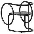 Modern Leisure Chair With Black Metal Circular Ring Frame And Wooden Seat Design