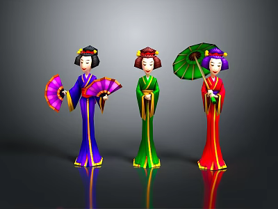 Women in Colorful Kimono Holding Fan and Green Umbrella on Grey Background 3d model