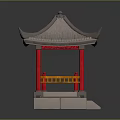 Traditional Chinese Pavilion with Red Pillars Gray Tiled Roof Yellow Railings and Stone Steps
