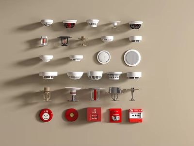 Fire Safety Equipment Collection With Smoke Detectors Heat Detectors Sprinklers And Manual Call Points 3d model