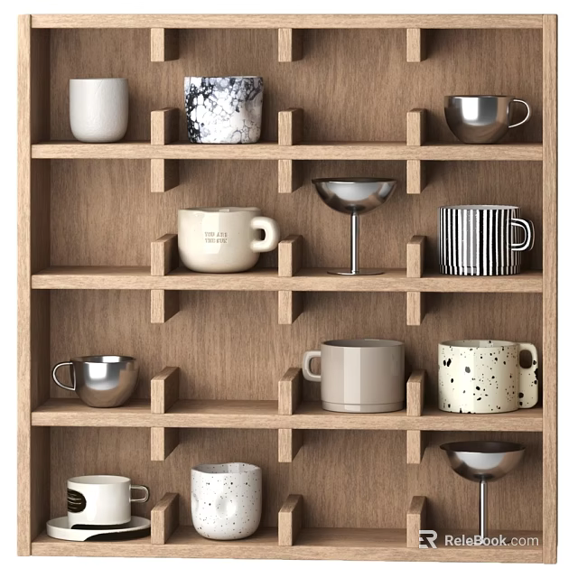 Diverse Tableware Collection on Wooden Shelf Featuring Ceramic and Metal Mugs with Various Designs 3d model 