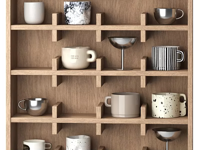 Diverse Tableware Collection on Wooden Shelf Featuring Ceramic and Metal Mugs with Various Designs 3d model