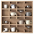 Diverse Tableware Collection on Wooden Shelf Featuring Ceramic and Metal Mugs with Various Designs
