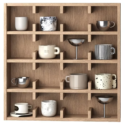 Diverse Tableware Collection on Wooden Shelf Featuring Ceramic and Metal Mugs with Various Designs 3d model