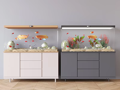 Stylish Aquarium Fish Tanks With White And Gray Cabinets Colorful Fish And Plants 3d model