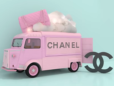 Pink CHANEL Truck Photo Spot With Double C Logo Pink Bag And Cloud Decorations 3d model