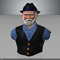 3D Male Character Bust With Black Hat White Beard Blue Shirt And Black Vest Design