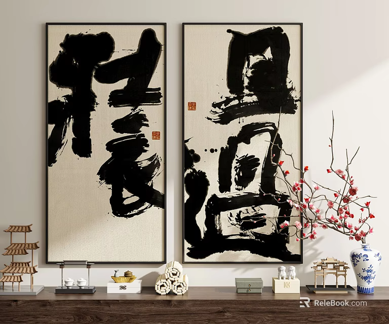 Vertical Abstract Painting With Black Calligraphy Characters Chinese Style Interior Plum Blossom Branch And Ornaments 3d model 