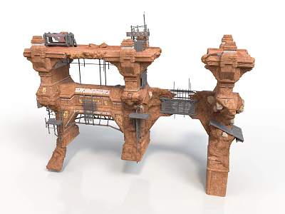 Ruined Industrial Scene Structure With Stone Platforms Pillars Metal Scaffolding And Mechanical Parts 3d model