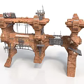 Ruined Industrial Scene Structure With Stone Platforms Pillars Metal Scaffolding And Mechanical Parts