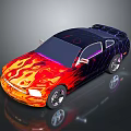 Sleek Sports Car With Vibrant Red Orange Flame Design And Black Exterior