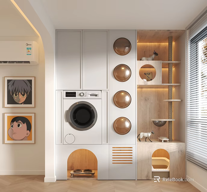 Cat Tree With Circular Holes And Wooden Shelves Near Washing Machine For Indoor Pet Cat 3d model 