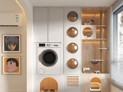 Cat Tree With Circular Holes And Wooden Shelves Near Washing Machine For Indoor Pet Cat 3d model