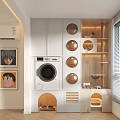 Cat Tree With Circular Holes And Wooden Shelves Near Washing Machine For Indoor Pet Cat