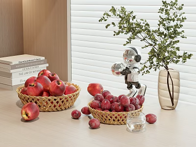 Fresh Red Apples in Woven Baskets Scattered on Table with Robot Model Vase and Books 3d model