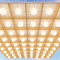 Modern Ceiling Design With Wooden Grid Structure And Round Lights Against Blue Sky 3d model