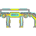 Game Themed Event Entrance Gate With Neon Lights Illuminated Buttons And Futuristic Design