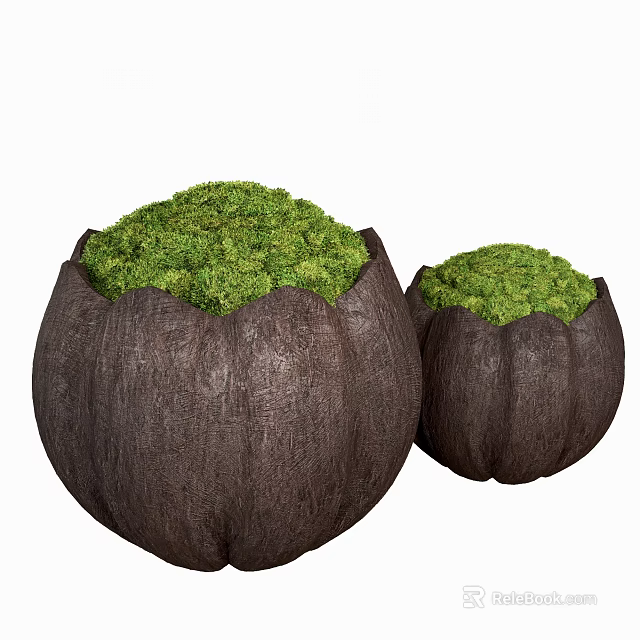 Two Brown Lotus Shaped Sofa Stools With Green Moss On Top Decorative Design 3d model 