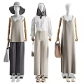 Fashion Models Wearing Sleeveless Beige Dresses White Blouses Gray Wide Leg Pants With Handbags