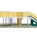 Colorful Playground Equipment With Blue Slide Orange Platform Yellow Railings And Colorful Tiled Floor